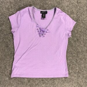 Y2K Express Jeans Baby Tee Shirt Womens Large Purple Lace Up V Neck Preppy Crop